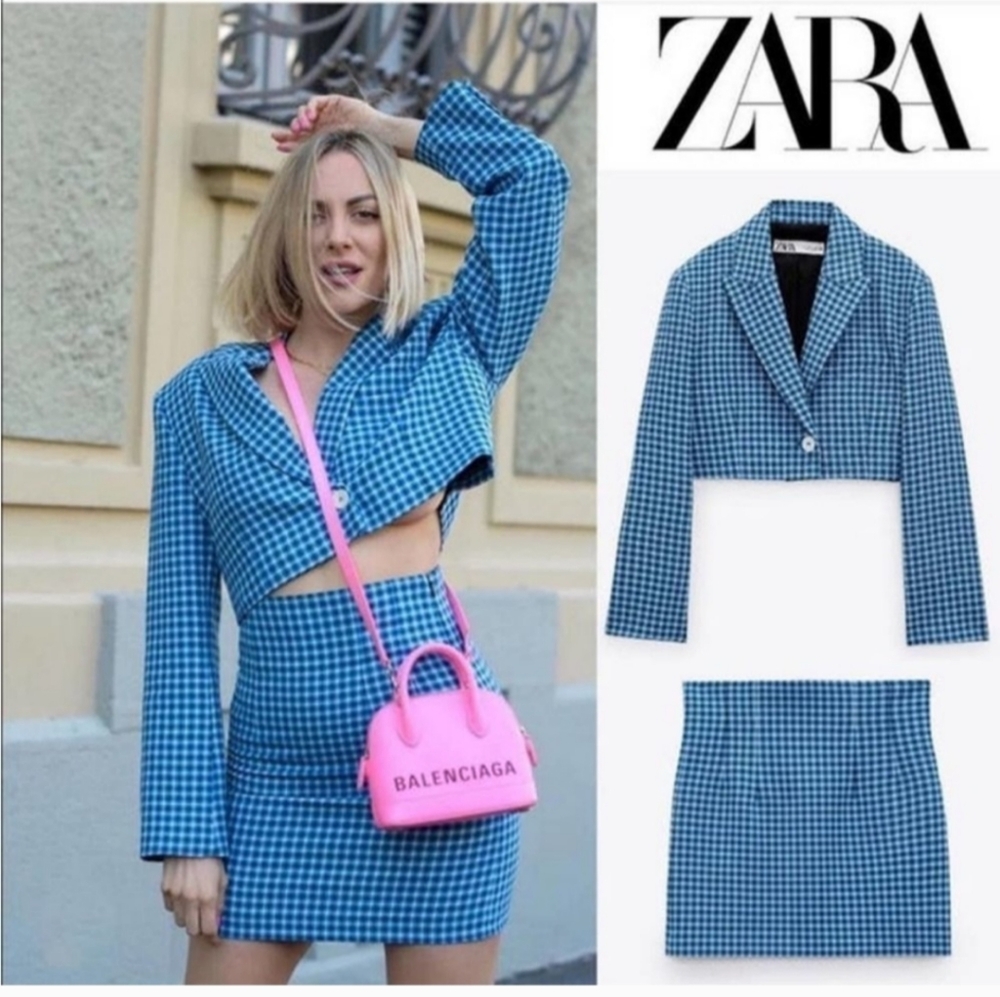 NEW Zara Jacket And Skirt XS Blue Check